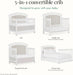 White 5-in-1 convertible crib shown as crib, toddler bed, daybed, and full-size bed
