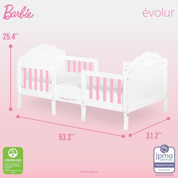 White and pink Barbie toddler bed by évolur with floral detail, dimensions 25.4 x 53.3 x 31.2 inches, Greenguard Gold and JPMA certified.