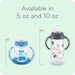 NUK sippy cups with handles in blue and gray, shown in 5 oz and 10 oz sizes on a light background.