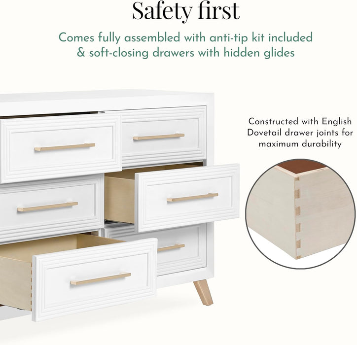 White dresser with soft-closing drawers and English dovetail joints, shown partially open.