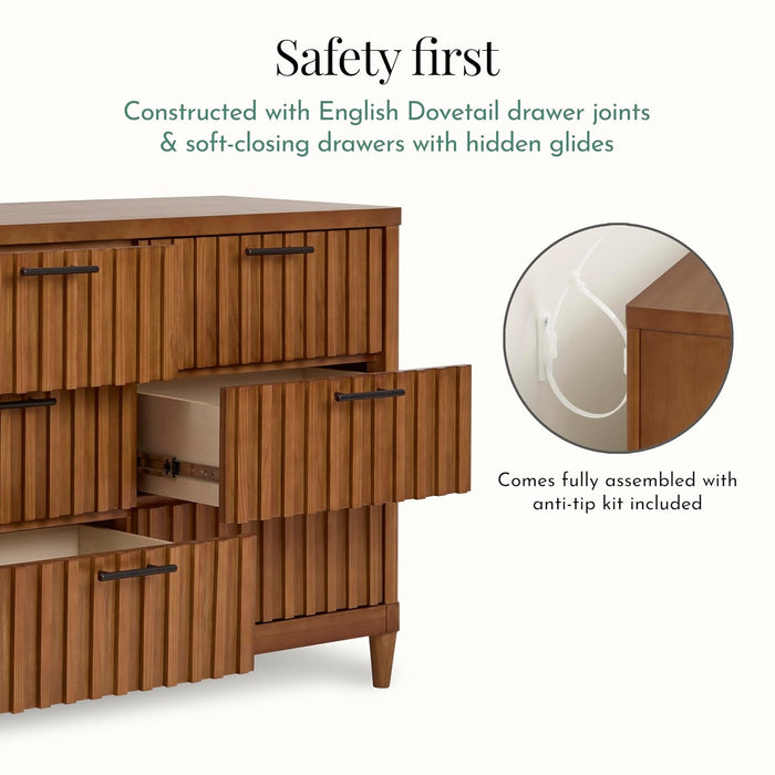 Wooden dresser with English dovetail, soft-closing drawers, and anti-tip safety kit