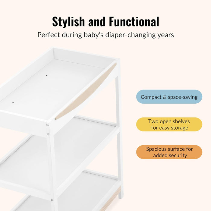 White baby changing table with two open shelves, compact and space-saving design