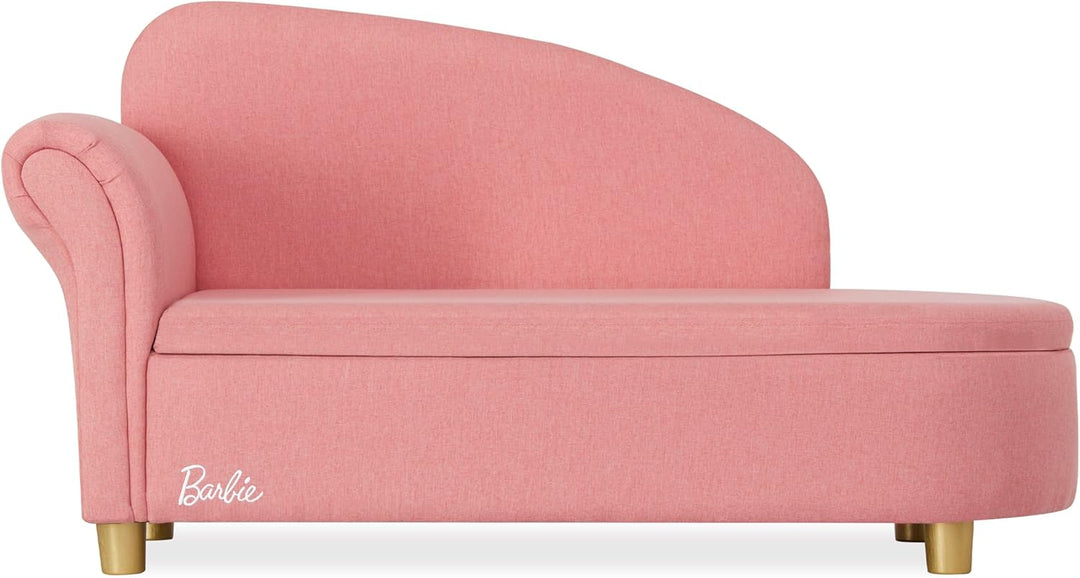 Pink kids' chaise lounge with gold legs and Barbie logo, ideal children's room furniture
