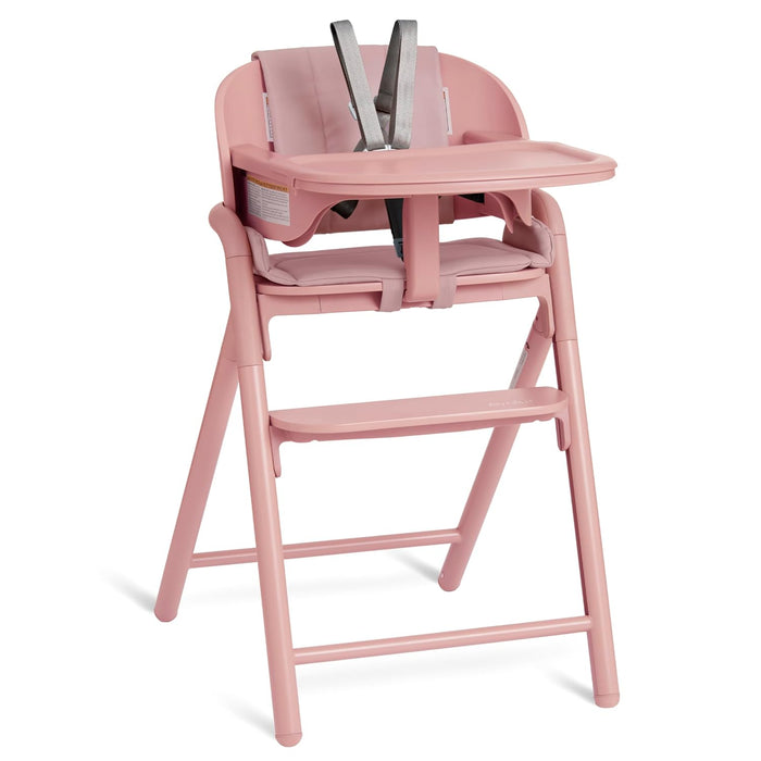 Pink adjustable high chair with safety harness and tray for babies and toddlers