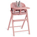Pink adjustable high chair with safety harness and tray for babies and toddlers