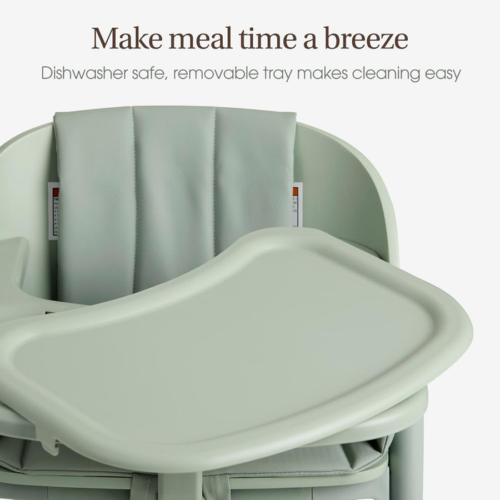 Light green baby high chair with cushioned seat and removable tray for easy cleaning