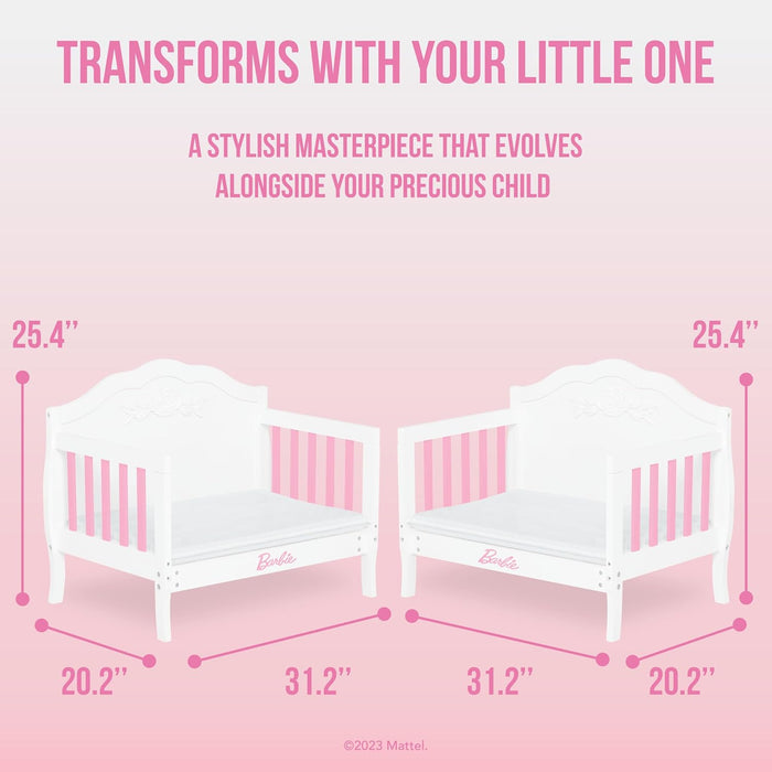 White Barbie toddler bed with pink accents, measured dimensions, convertible design
