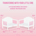 White Barbie toddler bed with pink accents, measured dimensions, convertible design