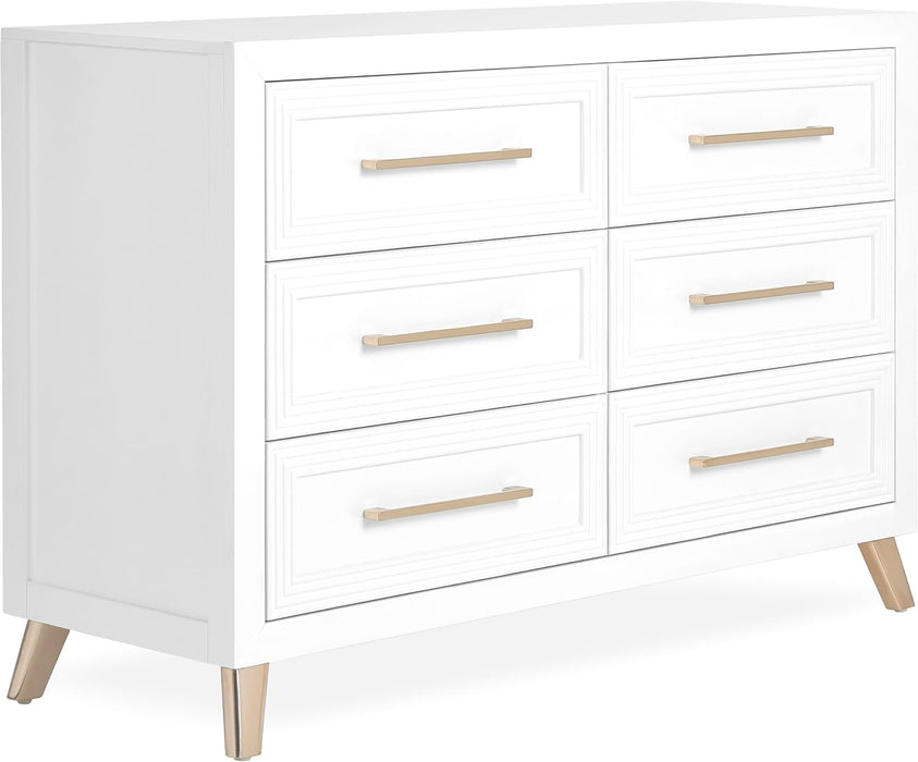 Modern white six-drawer dresser with gold handles and angled legs, nursery furniture
