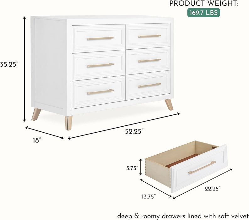 White six-drawer dresser with gold handles, modern design, dimensions labeled, velvet-lined drawers