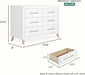 White six-drawer dresser with gold handles, modern design, dimensions labeled, velvet-lined drawers