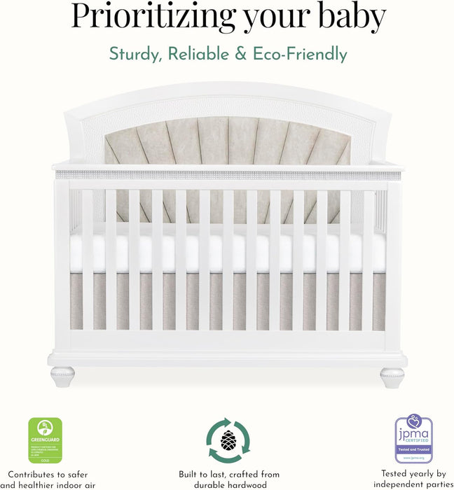 White wooden baby crib with cushioned headboard, eco-friendly, GREENGUARD and JPMA certified