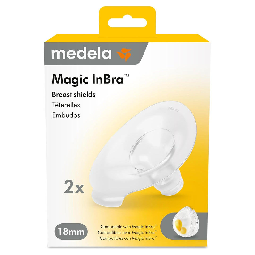 Medela Magic InBra breast shields 18mm two-pack, shown in retail packaging with product image.
