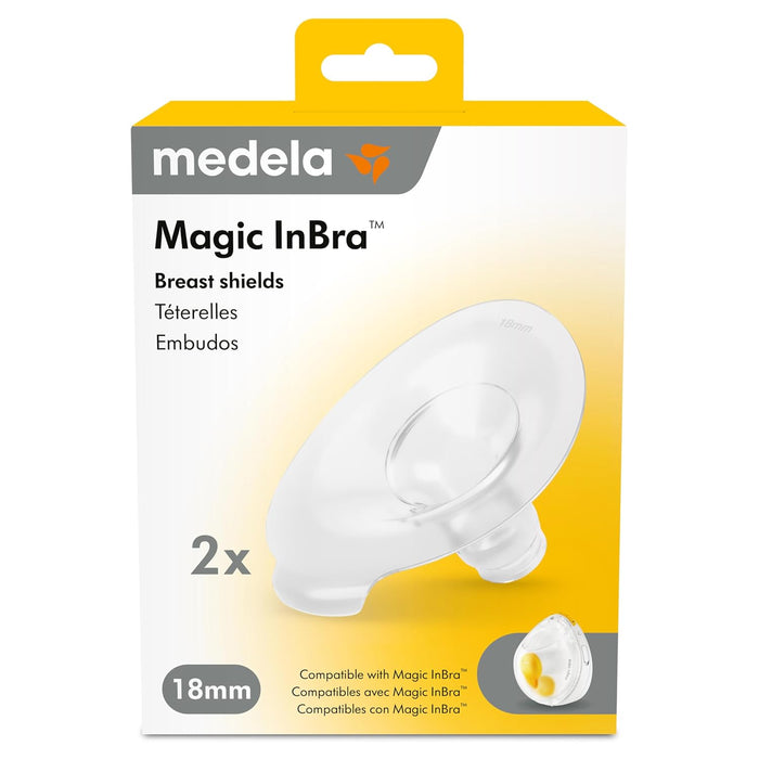 Medela Magic InBra breast shields 18mm two-pack, shown in retail packaging with product image.