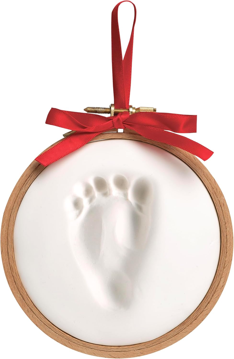 Baby footprint keepsake ornament in clay, round wood frame with red ribbon for nursery decor