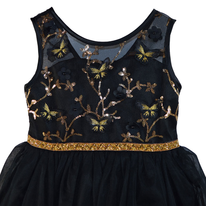 Black glitter dress with gold sequin butterfly and floral embroidery shown on a plain background.