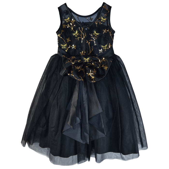 Black bow glitter dress for girls displayed flat, featuring gold floral embroidery and a tulle skirt.