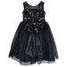 Black bow glitter dress for girls displayed flat, featuring gold floral embroidery and a tulle skirt.