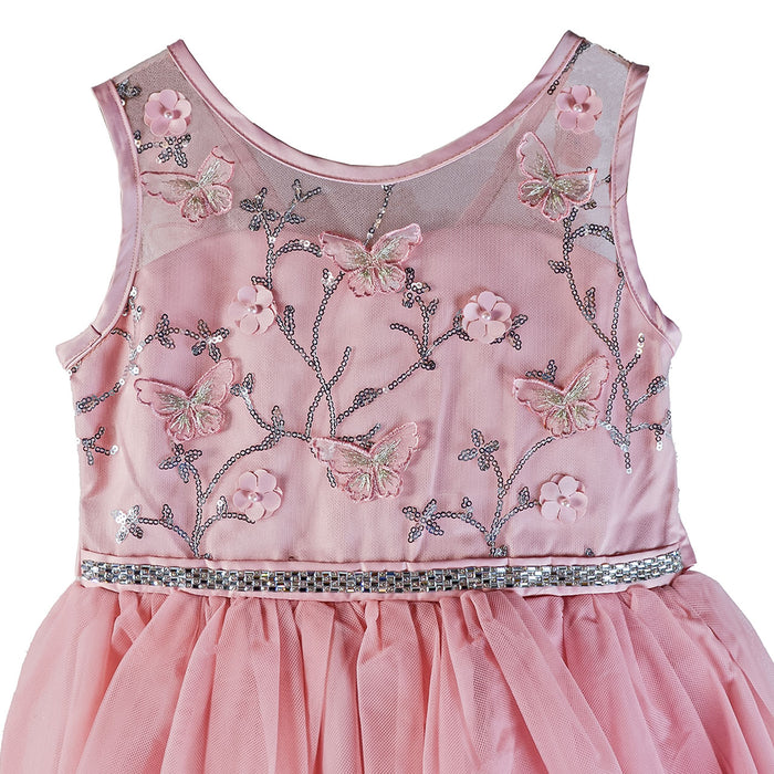 Girls’ glitter bow dress in gold rose with floral and butterfly embroidery shown close-up on a hanger.