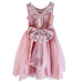 Girls' glitter bow dress in rose gold with floral embroidery, shown on a plain white background.
