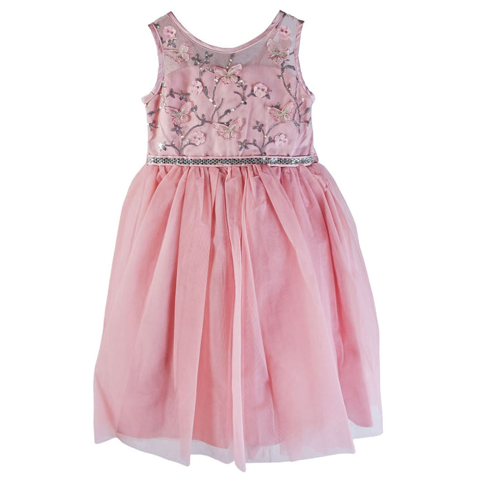 Bow Glitter Dress in gold and rose shown front-facing, with floral embroidery and sheer overlay.