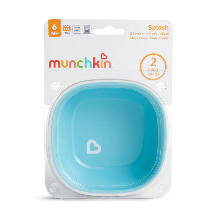 Munchkin Splash blue baby bowl with non-slip base shown in retail packaging.