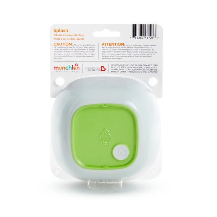 Munchkin Splash baby bowl set with green non-slip base shown in retail packaging.