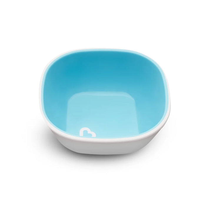 Munchkin blue and white baby feeding bowl displayed on a plain white background.