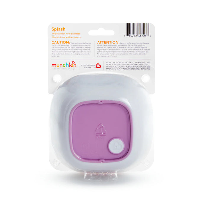 Munchkin Splash 2 Bowls with non-slip base shown in clear packaging, white and purple color.