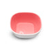 Munchkin square pink baby bowl with white exterior shown on a white background.