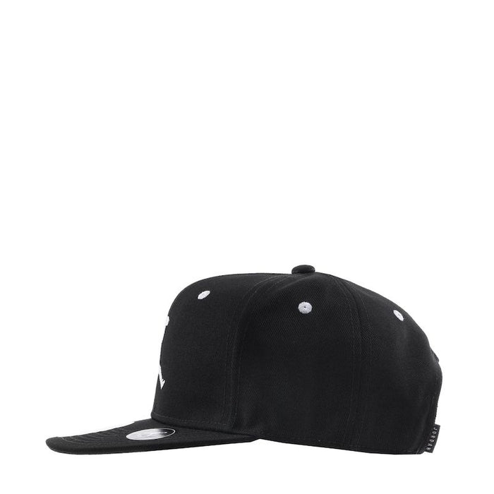 Kids black snapback cap with white accents displayed on a plain white background.