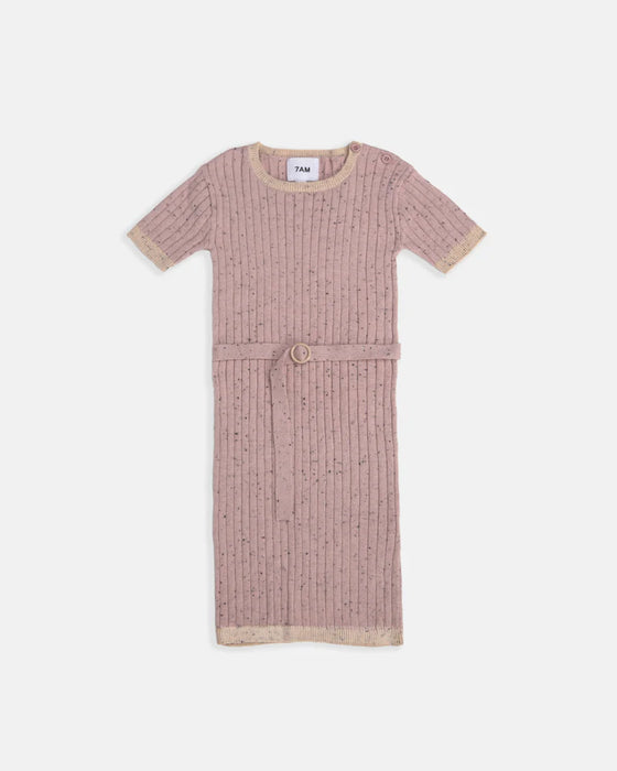 7AM Hug Me ribbed knit dress in ash rose with short sleeves and belt, laid flat on white background.