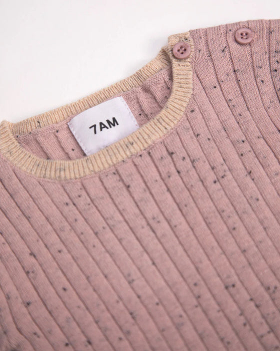 7AM Hug Me ribbed knit dress in ash rose, close-up of neckline with button details.