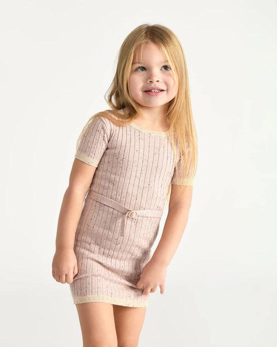 7AM Hug Me Ribbed Knit Dress Ash Rose shown on a young girl standing against a white background.