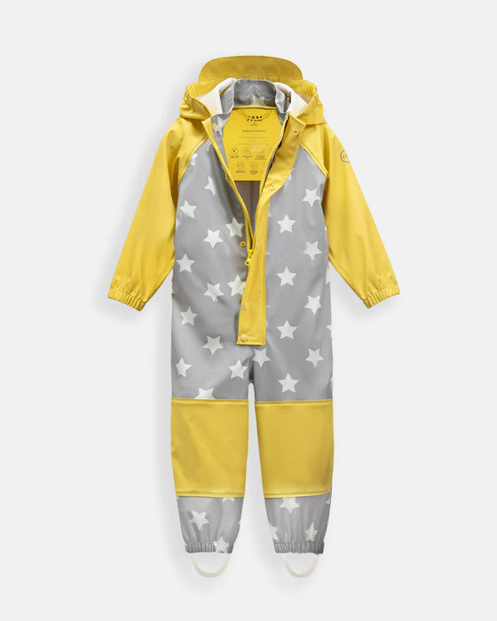 7AM Enfant rain coverall in yellow and grey with white stars, shown flat on a white background.