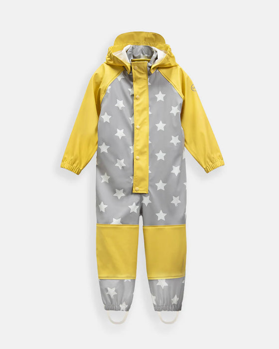 7AM rain coverall for kids in yellow and grey with star pattern, displayed flat on a white background.