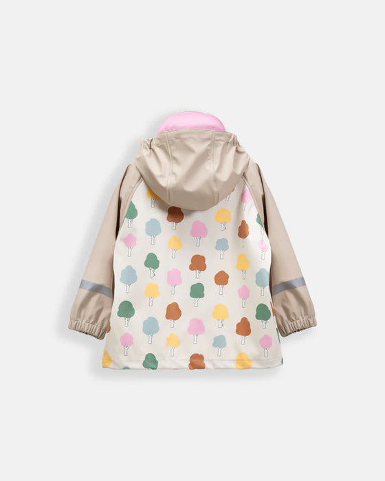 Children's rain jacket with colorful tree print shown from the back on a white background.