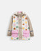 Children’s rain jacket with colorful tree prints and pink pockets displayed on a plain background.