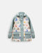 Children's rain jacket with pastel house print and front pockets shown on a white background.