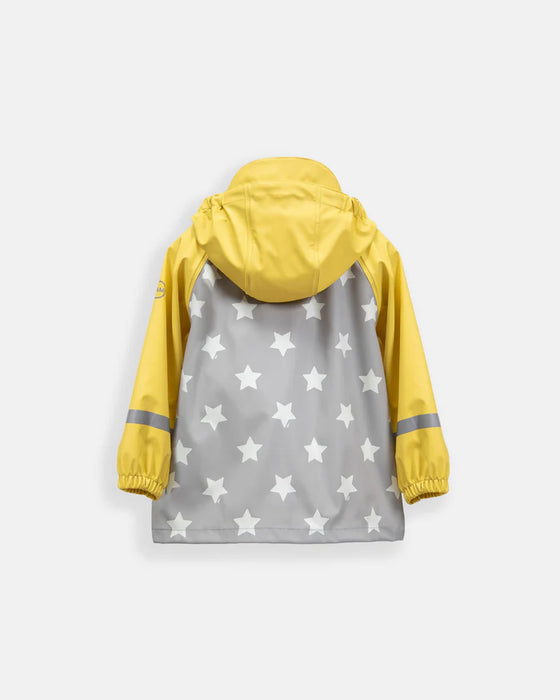 Kids rain jacket with yellow sleeves, gray back, and white stars, shown from the back on a plain background.