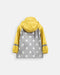 Kids rain jacket with yellow sleeves, gray back, and white stars, shown from the back on a plain background.