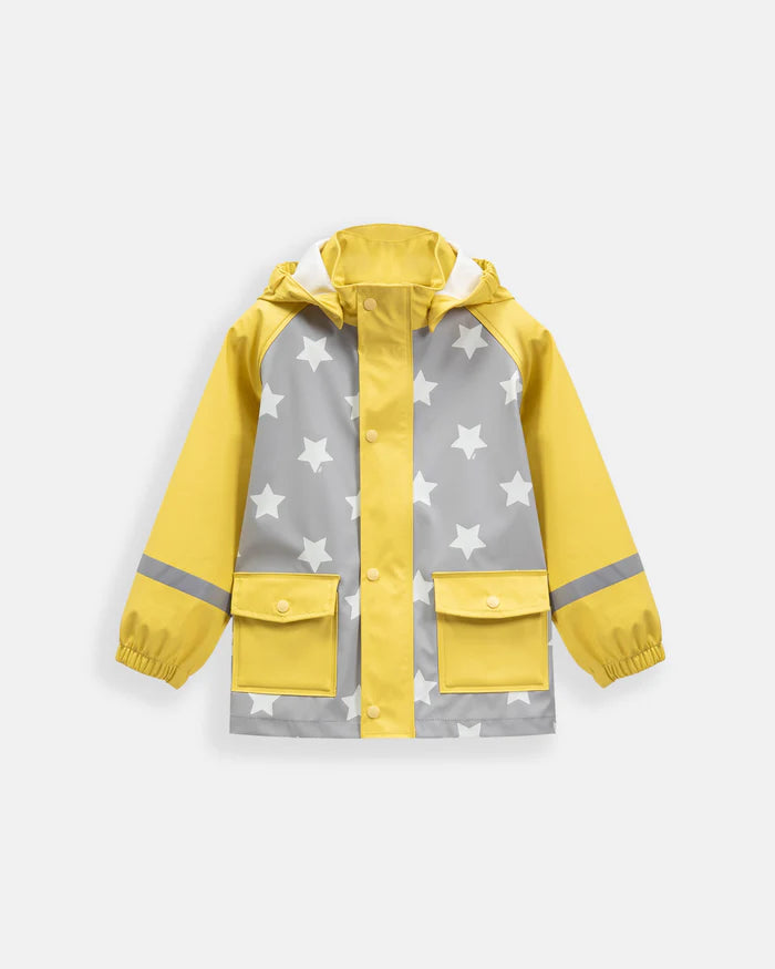 Kids' yellow and grey rain jacket with star pattern displayed on a plain white background.