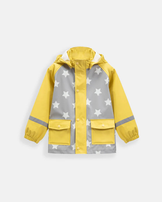 Kids' yellow and grey rain jacket with star pattern displayed on a plain white background.