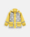 Kids' yellow and grey rain jacket with star pattern displayed on a plain white background.