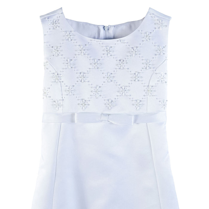 Girls White Communion Satin Dress with Embroidery – Elegant Bow Party Dress (Ages 4–16)