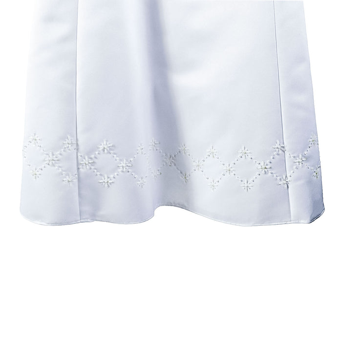 Girls White Communion Satin Dress with Embroidery – Elegant Bow Party Dress (Ages 4–16)