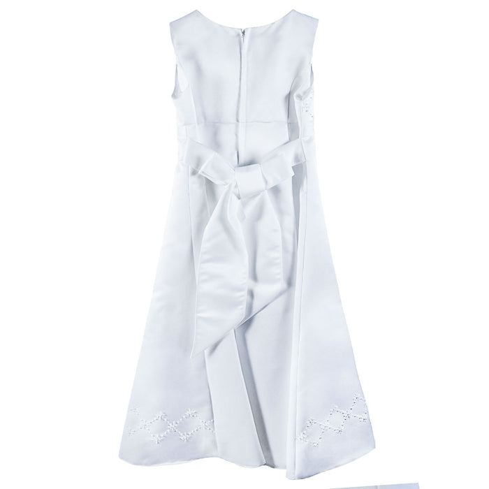 Girls White Communion Satin Dress with Embroidery – Elegant Bow Party Dress (Ages 4–16)