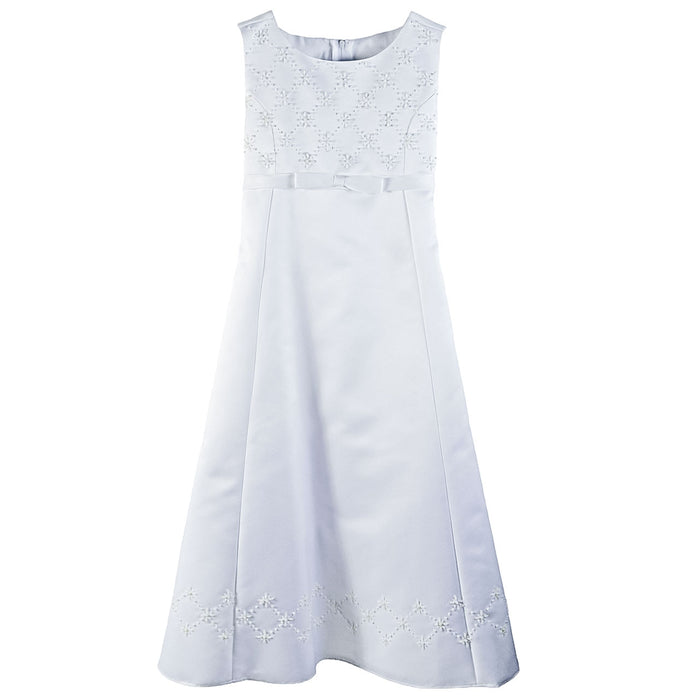 Girls White Communion Satin Dress with Embroidery – Elegant Bow Party Dress (Ages 4–16)
