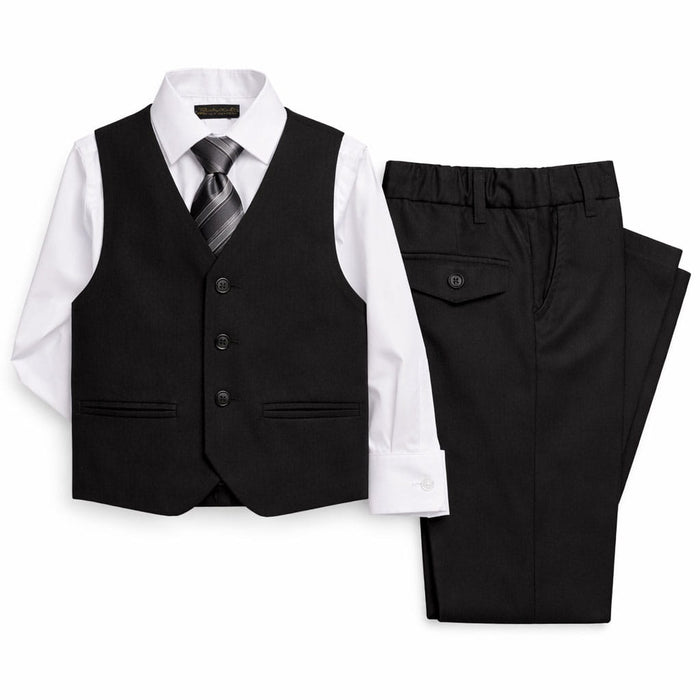 Kids black suit set with vest, white shirt, striped tie, and black dress pants