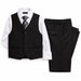 Kids black suit set with vest, white shirt, striped tie, and black dress pants